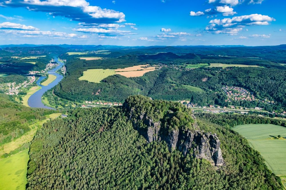 Sellnitz from the bird's eye view: View of the Lilienstein and the Elbe Valley in Saxon Switzerland near Prossen in the state of Saxony. The landscape on the banks of the Elbe is part of the Saxon Switzerland National Park