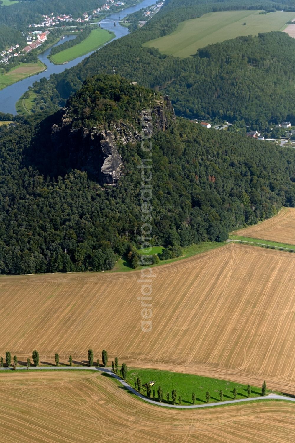 Porschdorf from above - View of the Lilienstein and the Elbe Valley in Saxon Switzerland near Prossen in the state of Saxony. The landscape on the banks of the Elbe is part of the Saxon Switzerland National Park