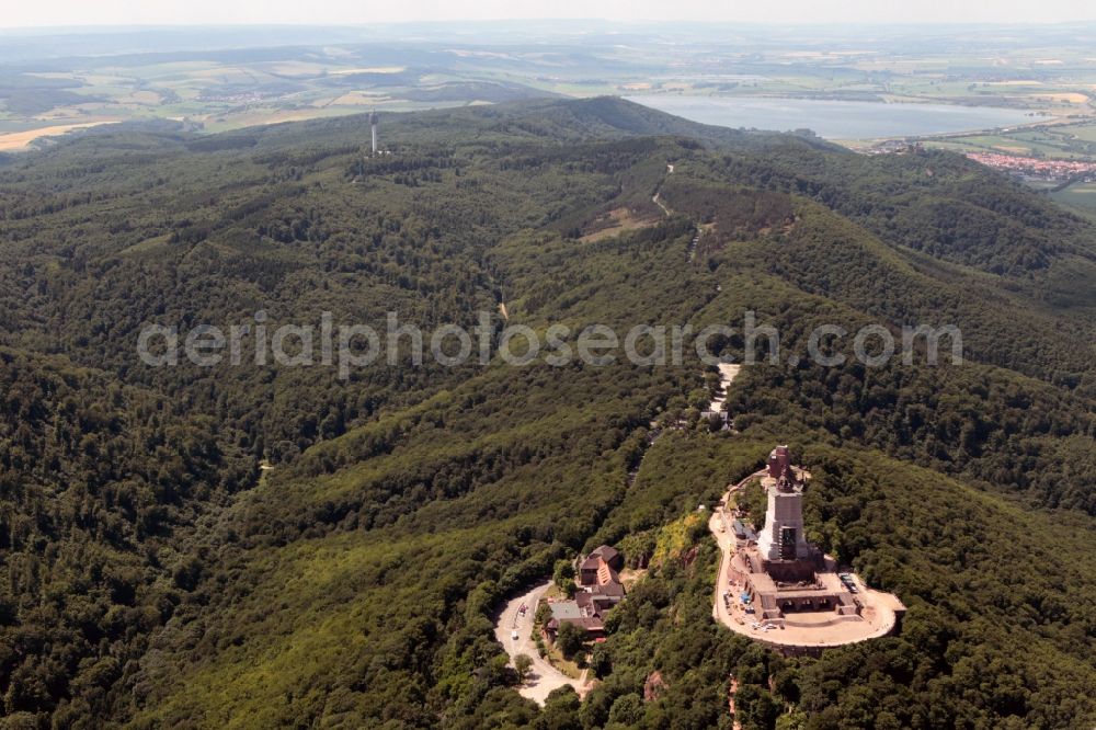 Aerial photograph Steinthaleben - Look at redevelopment of the monument Kyffhäuser near Steinthaleben in the state of Thuringia. The building with an equestrian statue was established by the architect Bruno Schmitz in honor of Kaiser Wilhelm I from 1890 to 1896. The monument, which was affcted by storm, is planed to be restored by the company Romstedt Technologies for Restorers GmbH until November 2013. The necessary scaffold is provided by the company Franke & Wagner GmbH