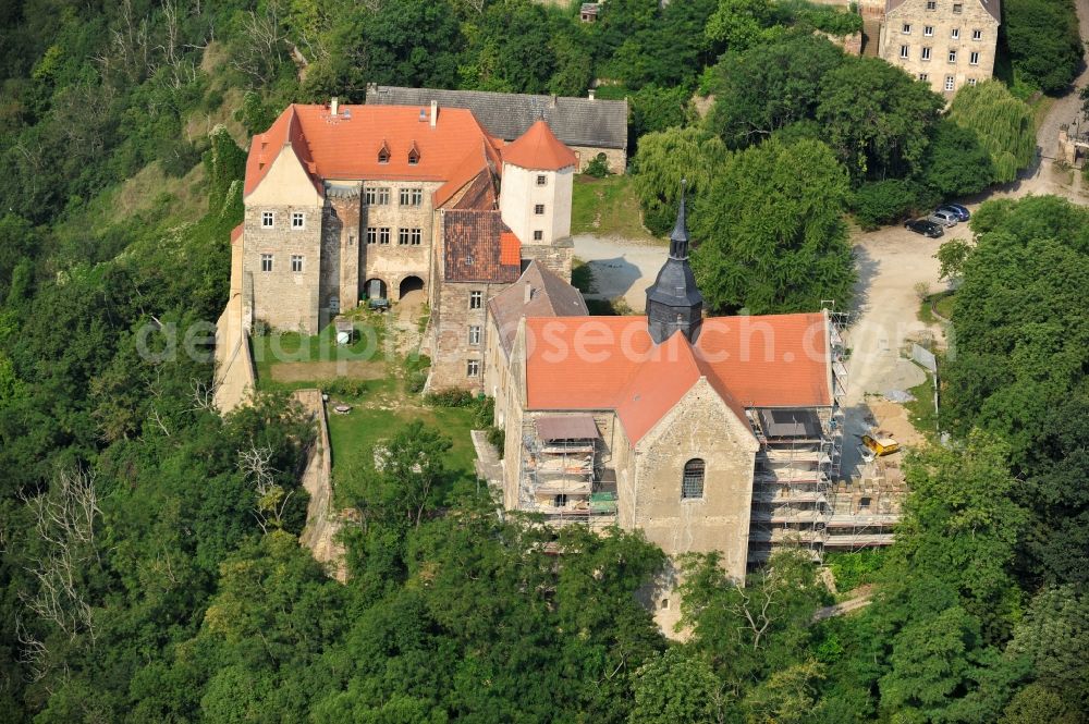 Goseck from the bird's eye view: View of the castle Goseck in the homonymous city in Saxony-Anhalt. The medieval castle and abbey was built in the 9th Century and is now used by Schloss Goseck e.V. The association, which was founded in 1998, started its business on the European music and culture center, and organizes concerts. There are also guest rooms, a castle-tavern and information spaces for Goseck solar observatory since 2006