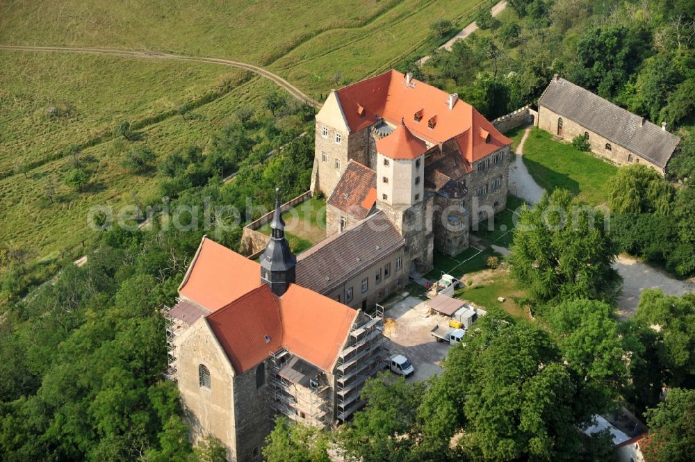 Goseck from above - View of the castle Goseck in the homonymous city in Saxony-Anhalt. The medieval castle and abbey was built in the 9th Century and is now used by Schloss Goseck e.V. The association, which was founded in 1998, started its business on the European music and culture center, and organizes concerts. There are also guest rooms, a castle-tavern and information spaces for Goseck solar observatory since 2006