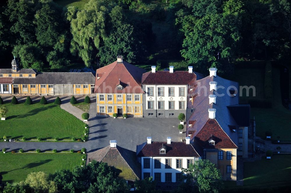 Oranienbaum-Wörlitz from above - View of the castle Oranienbaum in Oranienbaum-Woerlitz in Saxony-Anhalt. The building with the castle park, pagoda, tea house and orangery was built from 1683 on for the Princess Henriette Catharina. Today it serves as a location of sightseeing