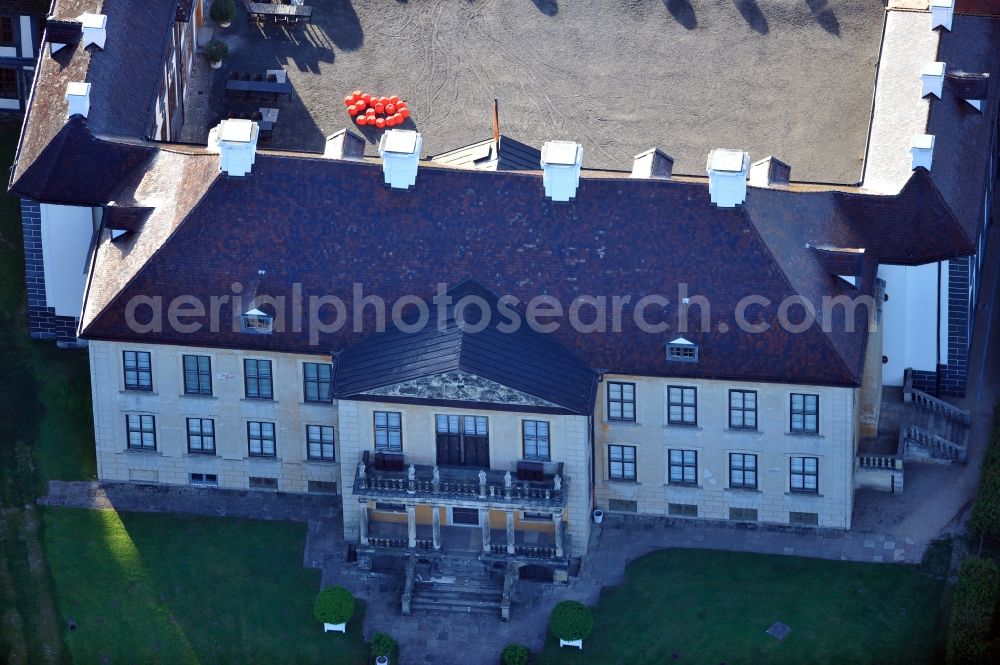 Aerial image Oranienbaum-Wörlitz - View of the castle Oranienbaum in Oranienbaum-Woerlitz in Saxony-Anhalt. The building with the castle park, pagoda, tea house and orangery was built from 1683 on for the Princess Henriette Catharina. Today it serves as a location of sightseeing