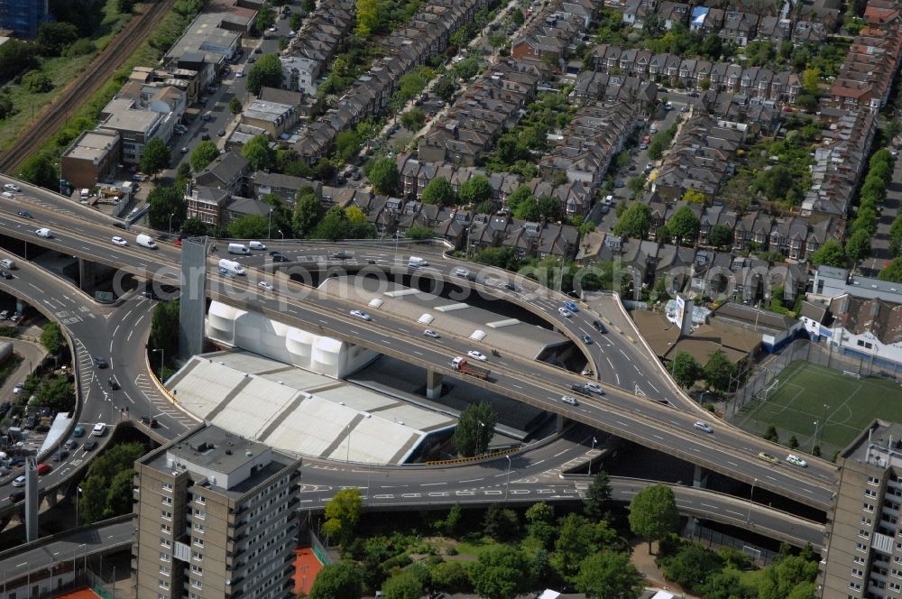 London from the bird's eye view: View of the highway Westway in West London. The road Westway is a 4 kilometer long section of the A40 route. It runs from Paddington to North Kensington and was built from 1964 to 1970 in order to relieve congestion at Stepherd's Bush caused by traffic from Western Avenue