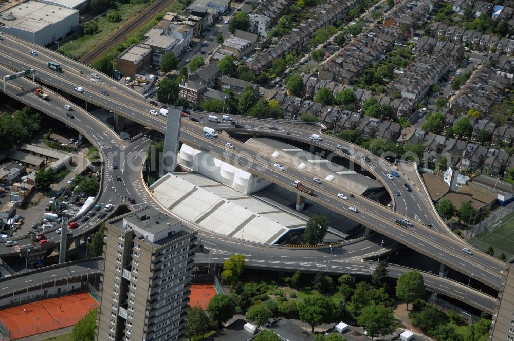 Aerial image London - View of the highway Westway in West London. The road Westway is a 4 kilometer long section of the A40 route. It runs from Paddington to North Kensington and was built from 1964 to 1970 in order to relieve congestion at Stepherd's Bush caused by traffic from Western Avenue