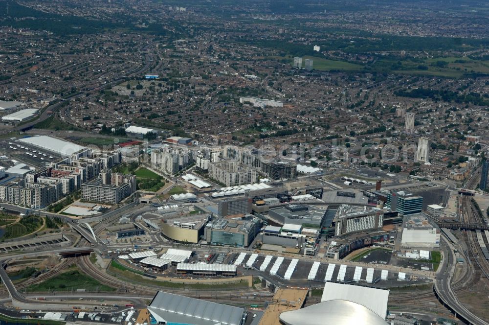 Aerial photograph London - View of the village Stratford in the London Borough of Newham. Besides the importance as a shopping center, the central Olympic Park for the 2012 Olympic Games was built in Stratford