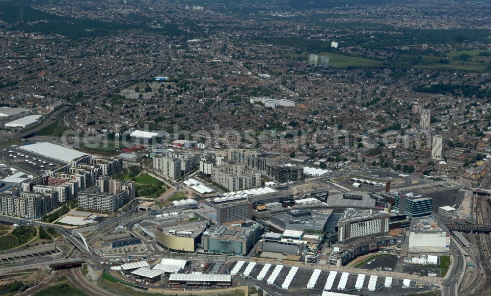 London from above - View of the village Stratford in the London Borough of Newham. Besides the importance as a shopping center, the central Olympic Park for the 2012 Olympic Games was built in Stratford