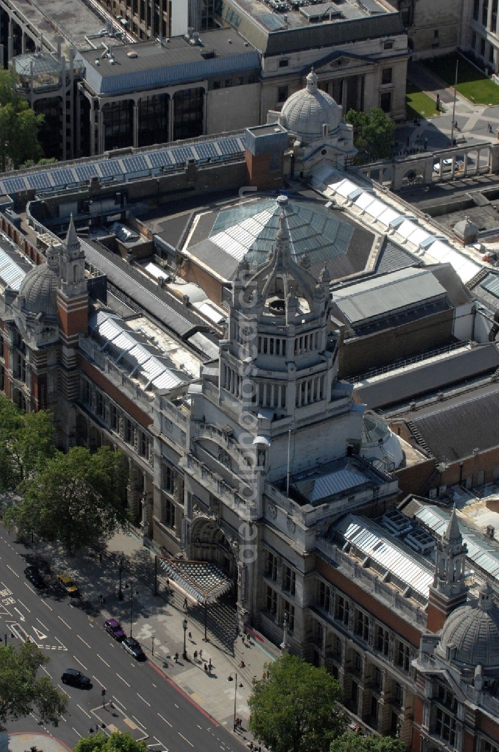 Aerial image London - View of the Victoria and Albert Museum in London. The Victoria and Albert Museum, which was founded in 1852 known as the South Kensington Museum, is located on Cromwell Road in Kensington, West London and owns the largest collection of decorative arts and design in the world. It was visited by 2.6 million people in 2010. Since 1 September 2011, it is led by Martin Roth, the former Director General of the State Art Collections Dresden