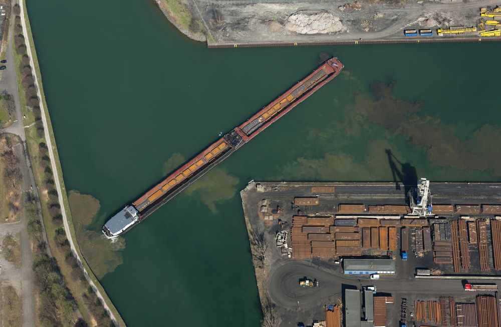 Dortmund from the bird's eye view: View of a turning maneuver a loaded barge. Steel Transport and Shipping by barge is one of the most important inland port handling capacity of Dortmund