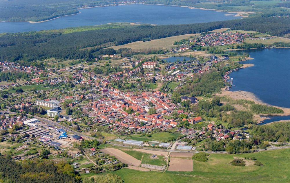 Aerial image Wesenberg - View of the city Wesenberg lies on the shores of Woeblitzsee in the state of Mecklenburg - Western Pomerania. With a close-up of the Church Wesenberg