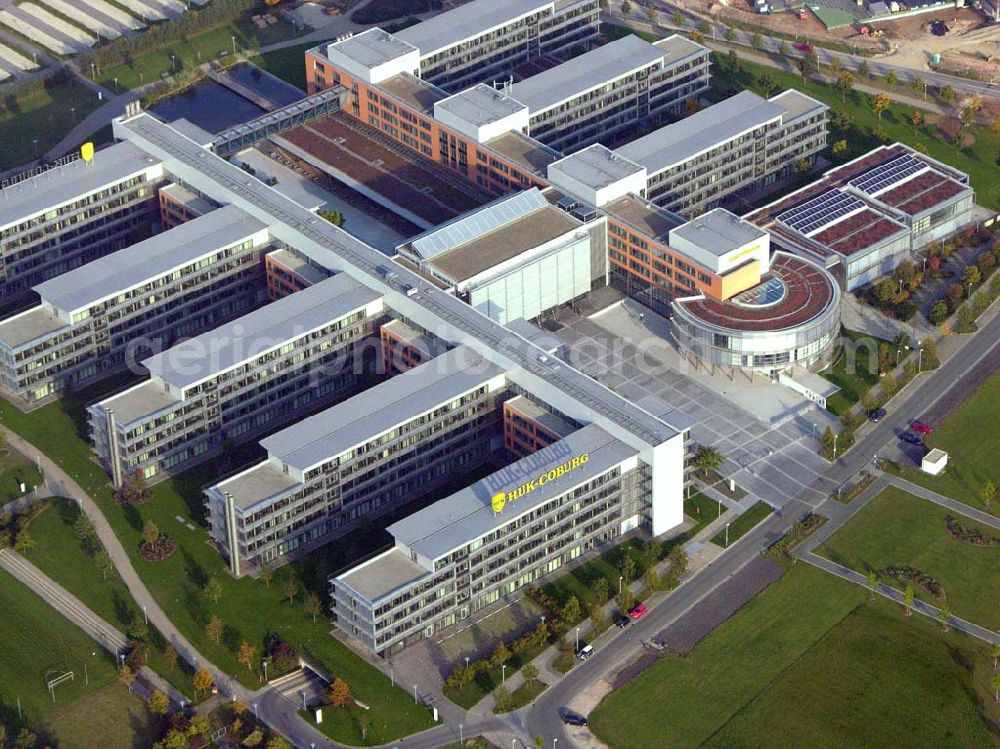Aerial photograph Coburg / Bayern - Die Zentrale der HUK-COBURG Versicherungsgruppe. Hausanschrift: Bahnhofsplatz, 96450 Coburg, Postanschrift: 96444 Coburg, Telefon: 09561/96-0, Fax: 09561/96-3636, E-Mail: info@huk-coburg.de
