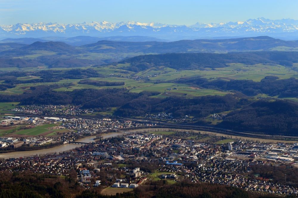 Aerial photograph Bad Säckingen - City area and river Rhine in Bad Saeckingen in the state Baden-Wurttemberg, Germany. Clear view over Switzerland to the mountain range of the Swiss Alps