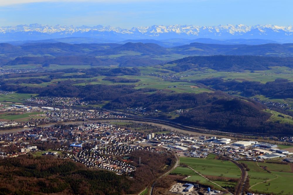 Bad Säckingen from the bird's eye view: City area and river Rhine in Bad Saeckingen in the state Baden-Wurttemberg, Germany. Clear view over Switzerland to the mountain range of the Swiss Alps