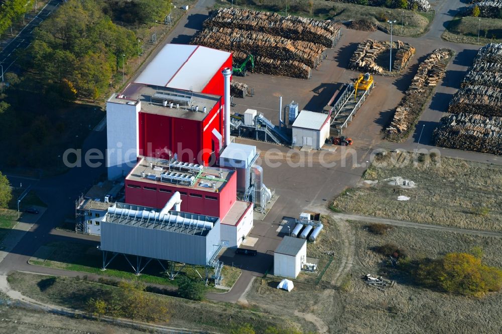 Aerial photograph Piesteritz - Power station plants of the combined heat and power station - regional heat - Biomasseheizkraftwerk in Piesteritz in the state Saxony-Anhalt, Germany