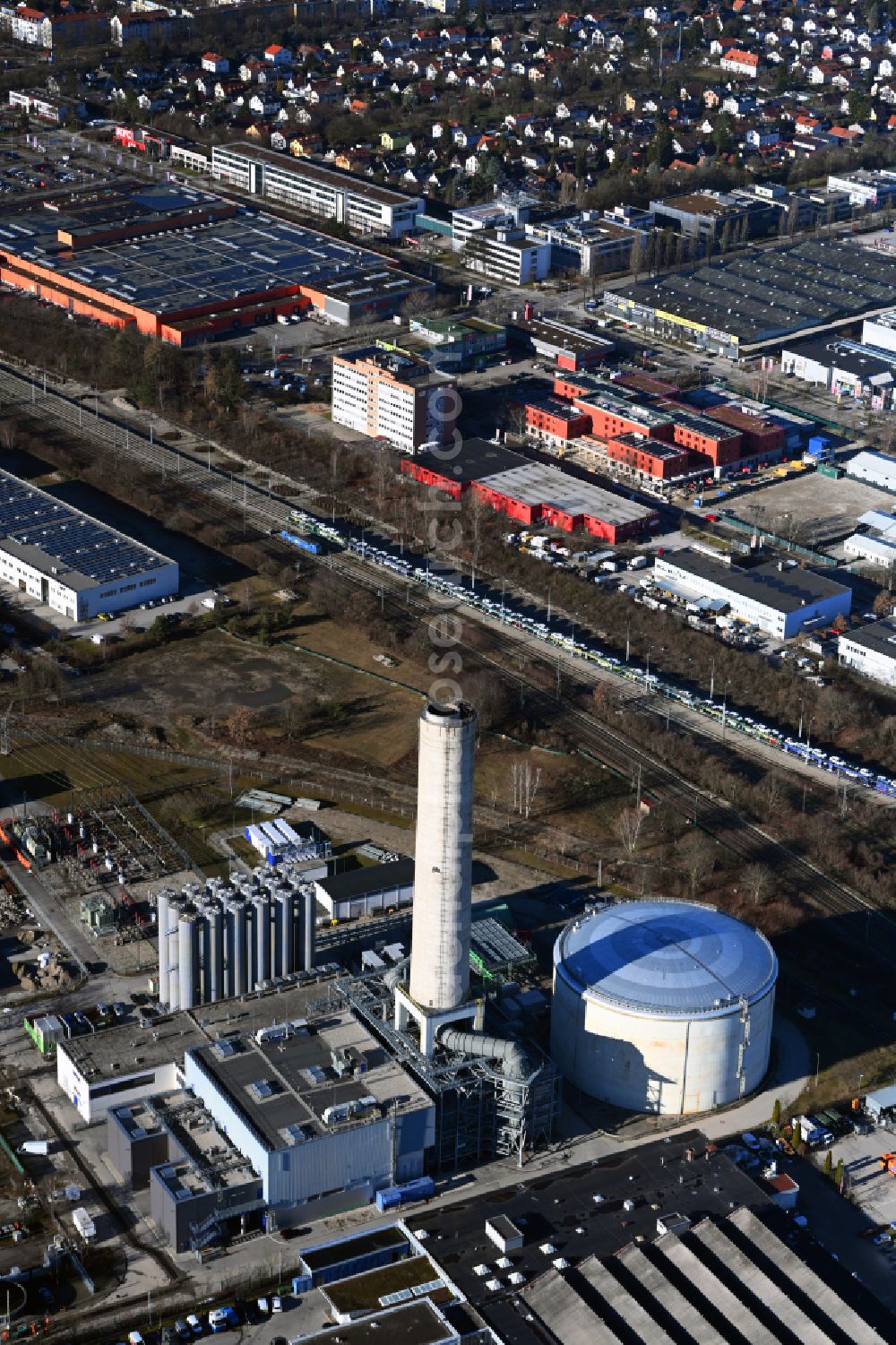 München from above - Power station plants of the combined heat and power station - regional heat on street Am Nordring in the district Freimann in Munich in the state Bavaria, Germany