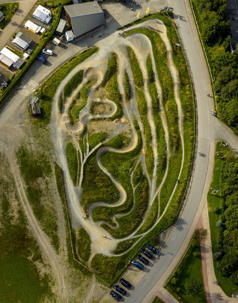 Winterberg from above - View of the BMX-show-jumping course in the bikepark Winterberg in the state North Rhine-Westphalia