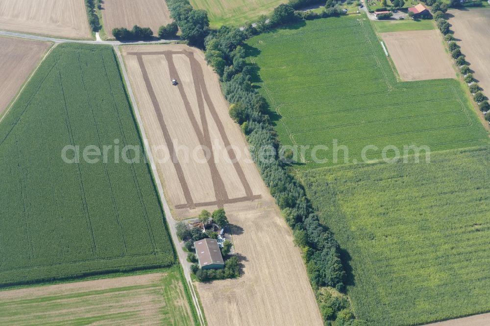 Aerial image Rosdorf - Traces of tillage due to drill marks in the seed and tillage on an agricultural field in Rosdorf in the state Lower Saxony, Germany