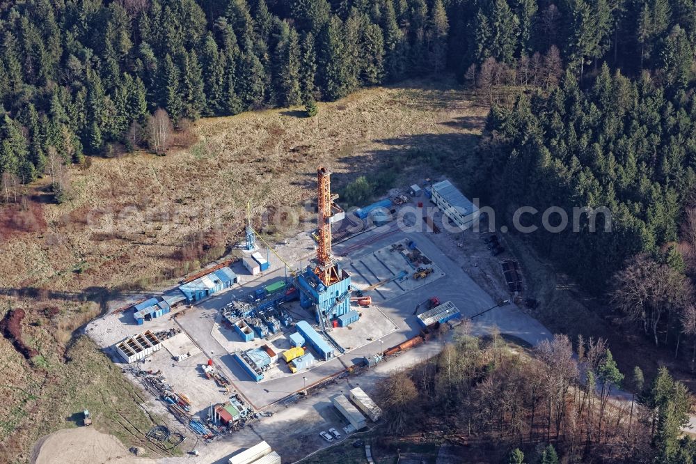 Geretsried from above - Drilling tower of the geothermal plant in Schwaigwall near Geretsried in Bavaria