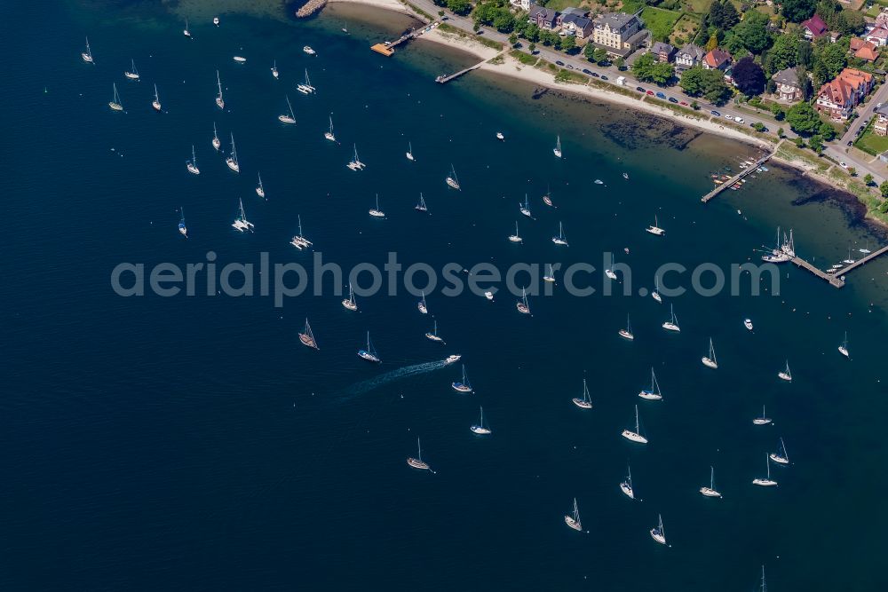 Eckernförde from the bird's eye view: Buoy field for yachts on the shore area in Eckernfoerde in the state Schleswig-Holstein, Germany