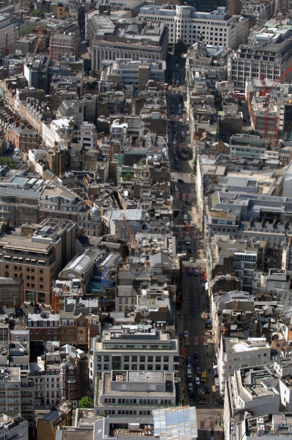 London from above - View over the in the city part Mayfair located Bond Street in the District City of Westminster in London in the county of Greater London in the UK. Bond Street is considered one of the most popular shopping streets in London