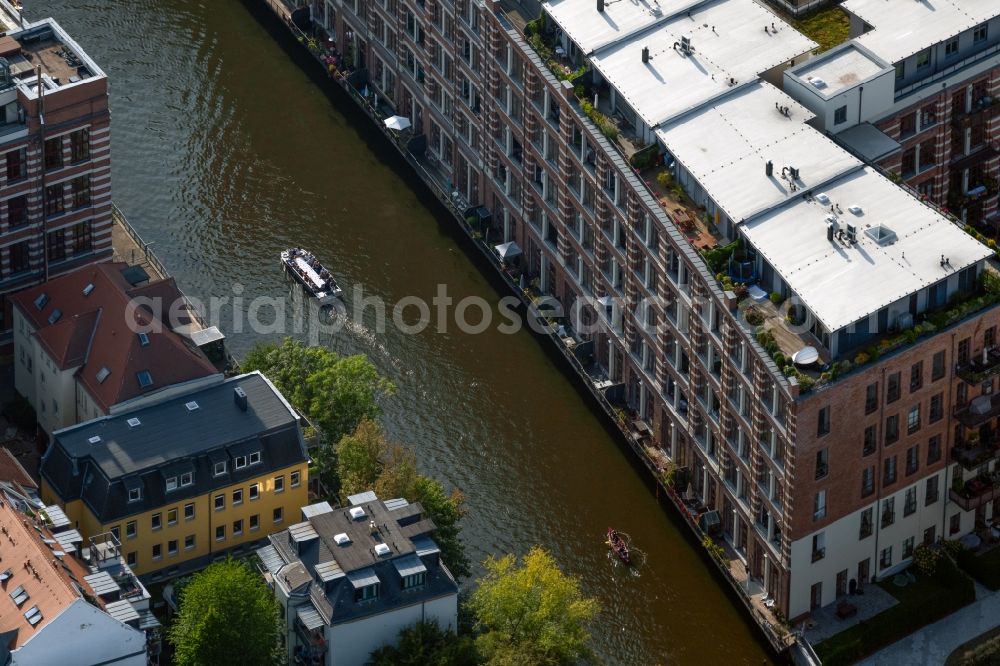 Leipzig from above - Boats and ships at the jetties along the course of the Weisse Elster river in the city center in the district Schleussig in Leipzig in the state Saxony, Germany