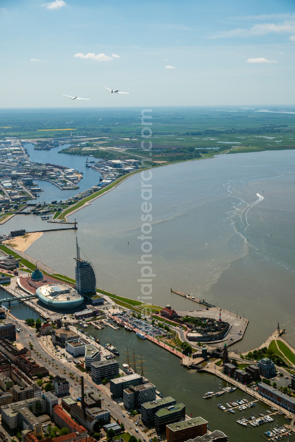 Bremerhaven from above - Boats and ships at the jetties of the Weser river in the city center in Bremerhaven in the state Bremen, Germany