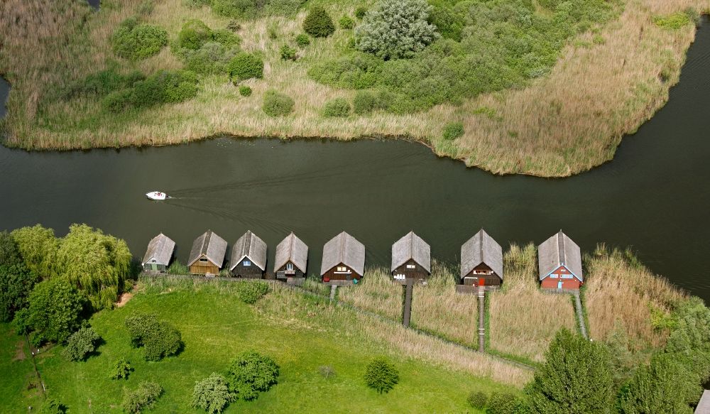 Röbel/Müritz from the bird's eye view: View of boathouses in Roebel / Mueritz in the state Mecklenburg-West Pomerania