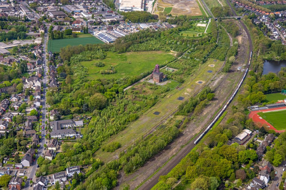 Oberhausen from above - Area of the former mining pit Sterkrade with a shaft headframe on Von-Trotha-Strasse in the Sterkrade part of Oberhausen in the state of North Rhine-Westphalia