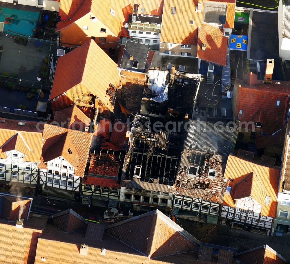 Aerial photograph Hann. Münden - Fire- Ruins of historical building in Hann. Muenden in the state Lower Saxony, Germany