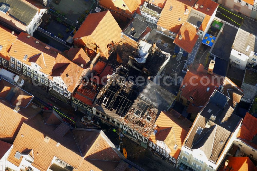 Hann. Münden from the bird's eye view: Fire- Ruins of historical building in Hann. Muenden in the state Lower Saxony, Germany