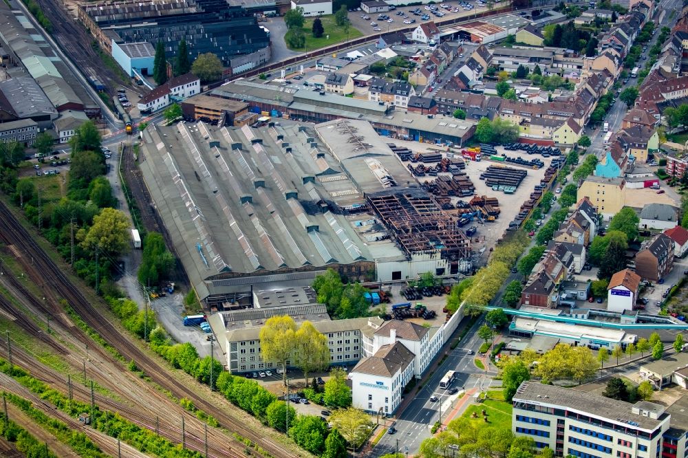 Aerial image Hamm - Dismantling the Fire Ruin the buildings and halls of the WDI - Westfaelische Drahtindustrie GmbH in Hamm in the state North Rhine-Westphalia, Germany