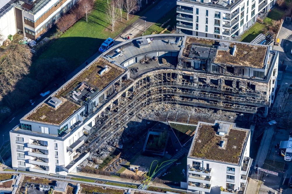 Aerial photograph Essen - Fire- Ruins an apartment building on Bargmannstrasse in the district Stadtkern in Essen at Ruhrgebiet in the state North Rhine-Westphalia, Germany
