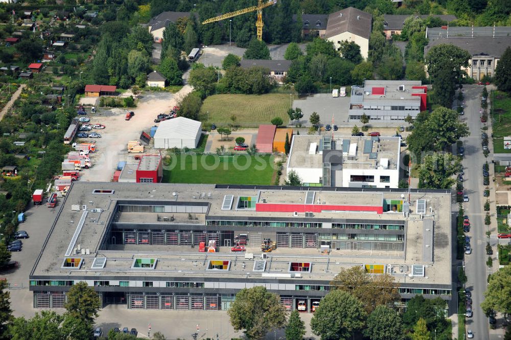 Frankfurt am Main from the bird's eye view: Fire protection, civil protection and emergency services center (BKRZ) at the street Marbachweg and the Feuerwehrstrasse of the professional fire department in Frankfurt at the Main, Hesse