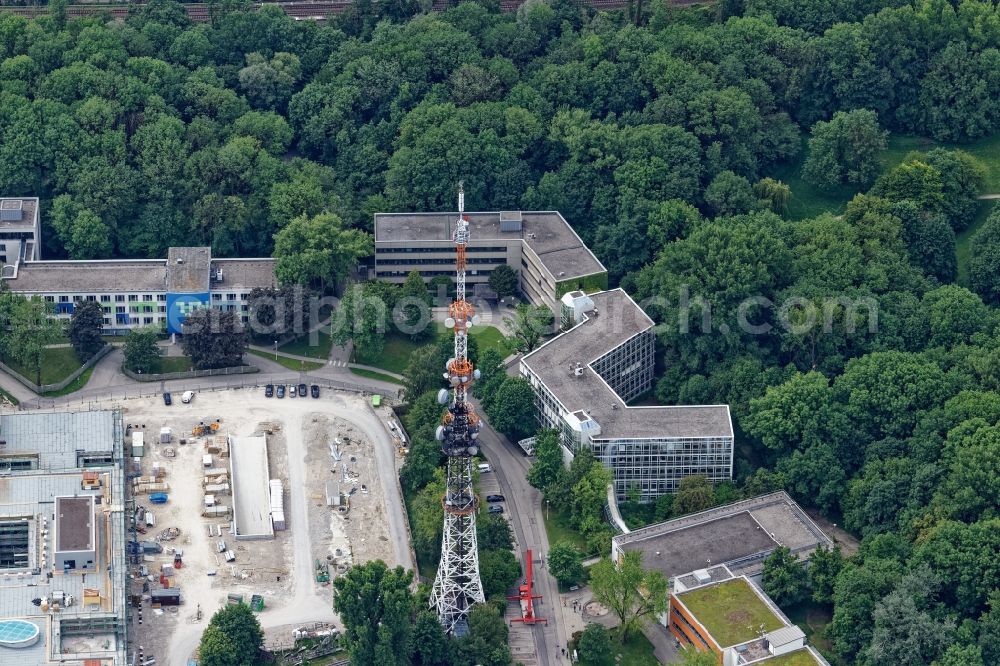 Aerial photograph München - Fire-damaged broadcasting system of the BR Bayerischer Rundfunk in the Schwabing-Freimann district in Munich in the state Bavaria, Germany