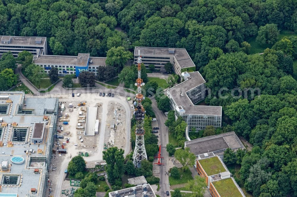 München from above - Fire-damaged broadcasting system of the BR Bayerischer Rundfunk in the Schwabing-Freimann district in Munich in the state Bavaria, Germany