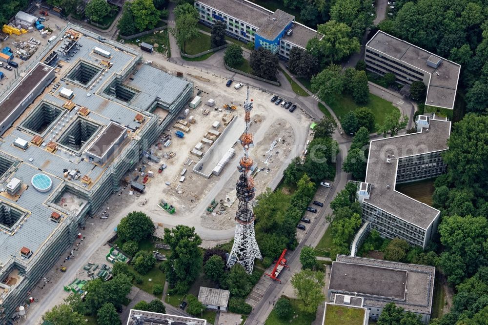 Aerial image München - Fire-damaged broadcasting system of the BR Bayerischer Rundfunk in the Schwabing-Freimann district in Munich in the state Bavaria, Germany