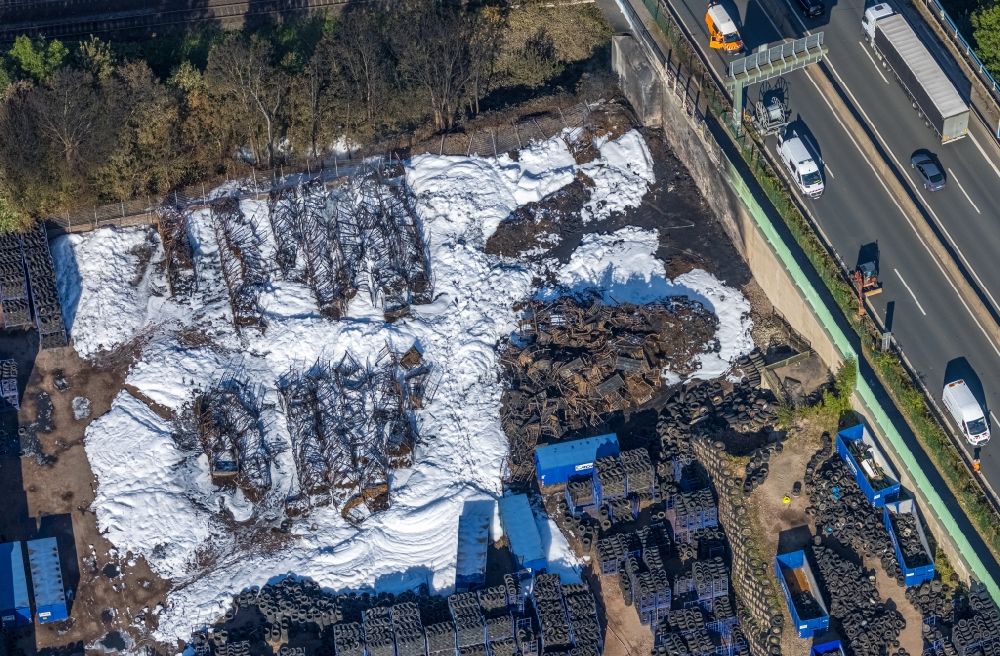 Aerial image Bochum - Destruction and damage pattern of the fire residues on the storage space and parking areas of a car tire store on street Robertstrasse in Bochum at Ruhrgebiet in the state North Rhine-Westphalia, Germany