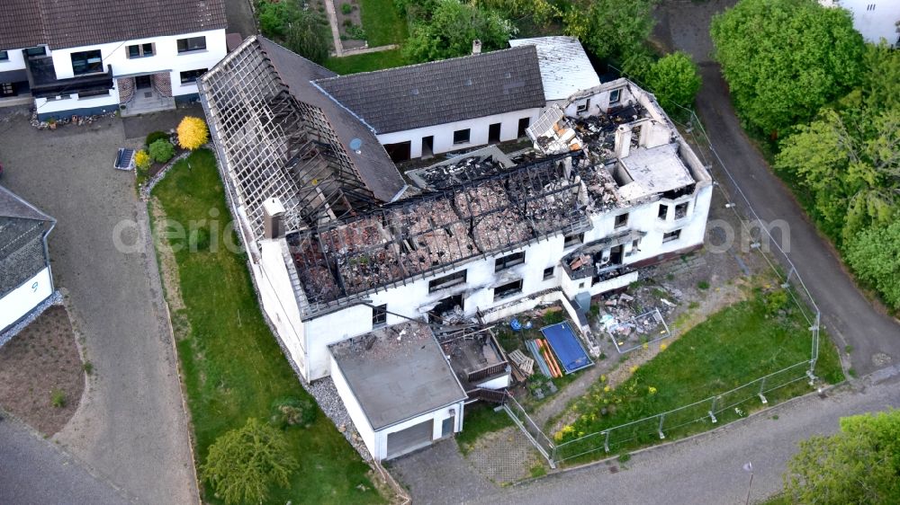 Niederwambach from above - Fire ruin with burned out roof structure in Niederwambach in the state Rhineland-Palatinate, Germany