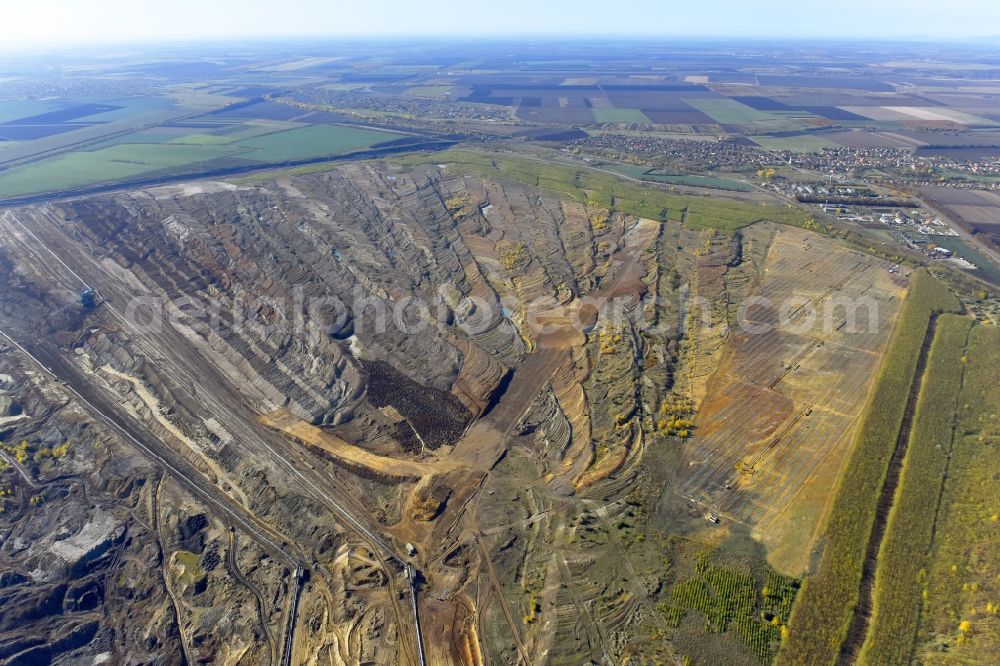 Aerial image Bükkabrany - Mining area - terrain and overburden surfaces of coal - opencast mining in Buekkabrany in Borsod-Abauj-Zemplen, Hungary