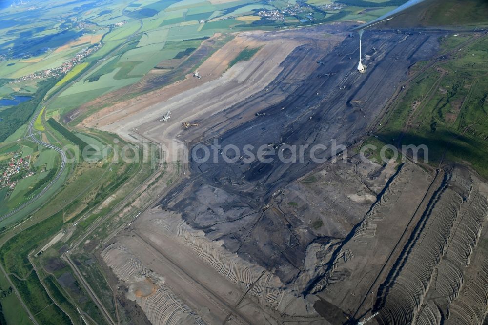 Sporice from the bird's eye view: Mining area - terrain and overburden surfaces of coal - opencast mining Povrchovy lom Libous in Sporice in Ustecky kraj - Aussiger Region, Czech Republic