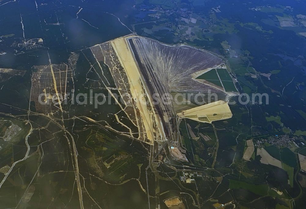 Aerial image Rietschen - Mining area - terrain and overburden surfaces of coal - opencast mining Reichwalde in Rietschen in the state Saxony, Germany