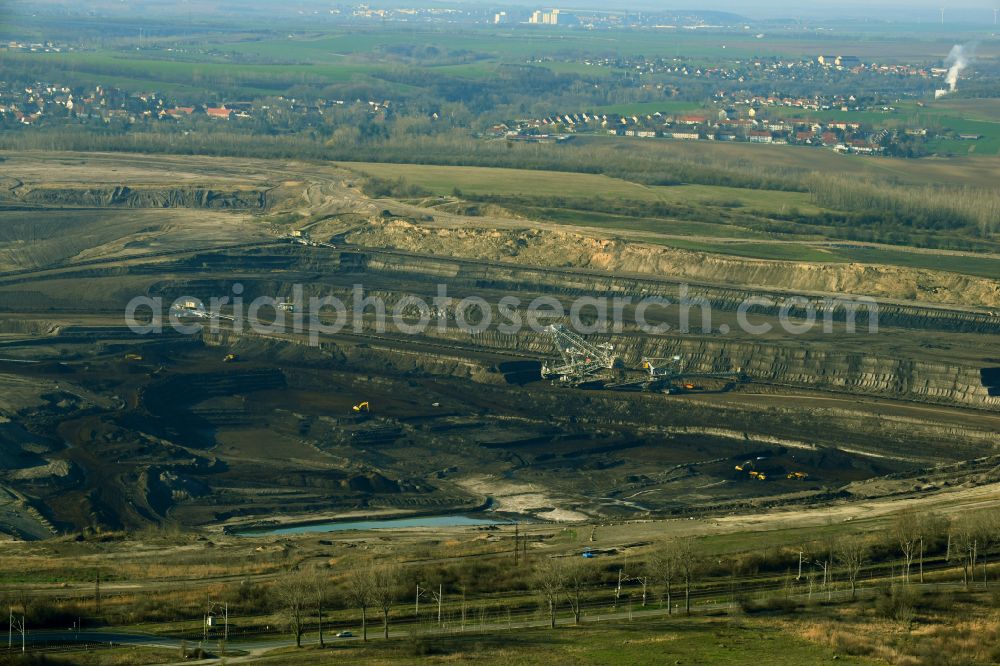 Aerial photograph Amsdorf - Mining area - terrain and overburden surfaces of coal - opencast mining of ROMONTA Bergwerks Holding AG on Chausseestrasse in Seegebiet Mansfelder Land in the state Saxony-Anhalt, Germany