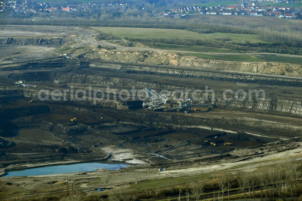 Amsdorf from above - Mining area - terrain and overburden surfaces of coal - opencast mining of ROMONTA Bergwerks Holding AG on Chausseestrasse in Seegebiet Mansfelder Land in the state Saxony-Anhalt, Germany