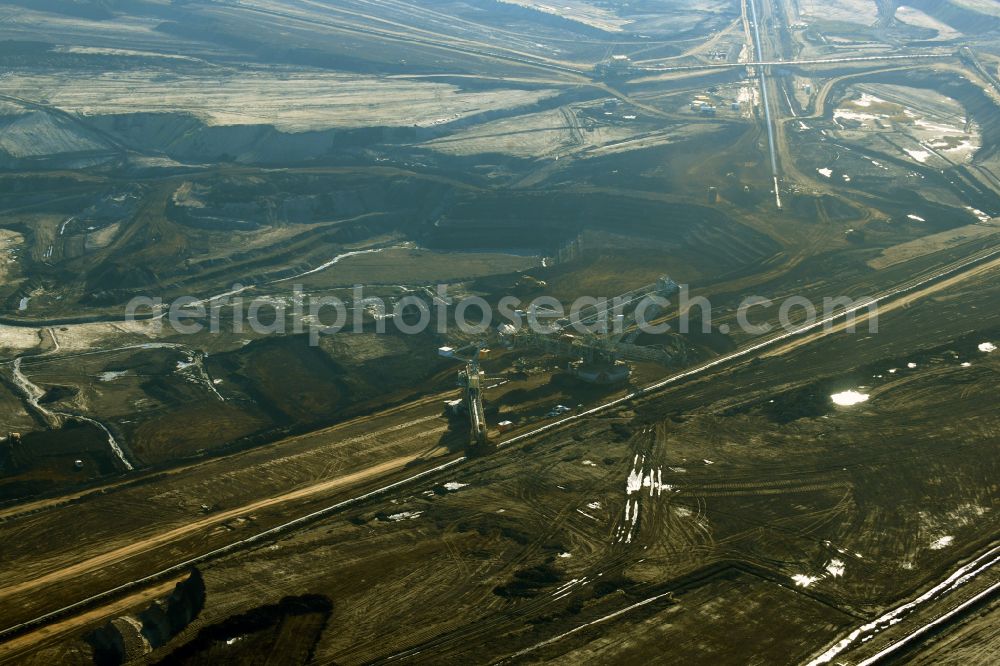 Aerial image Amsdorf - Mining area - terrain and overburden surfaces of coal - opencast mining of ROMONTA Bergwerks Holding AG on Chausseestrasse in Seegebiet Mansfelder Land in the state Saxony-Anhalt, Germany