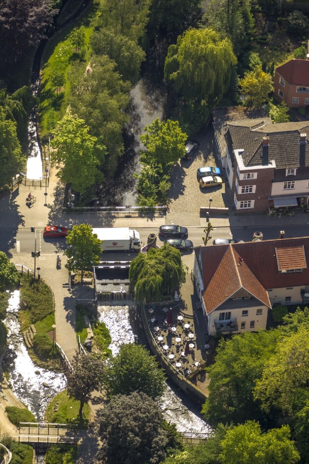 Rietberg from the bird's eye view: A bridge over the course of the Ems in the city centre of Rietberg in the state North Rhine-Westphalia. There the street Rathausstrasse runs over the bridge