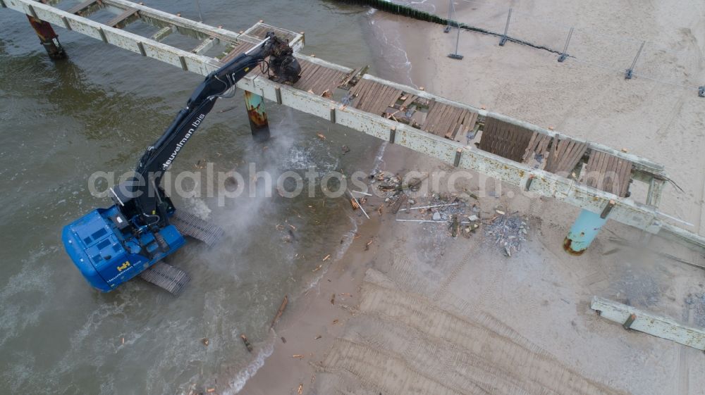 Koserow from the bird's eye view: Demolition work on the bridge structure water bridge in Koserow in the state Mecklenburg - Western Pomerania, Germany