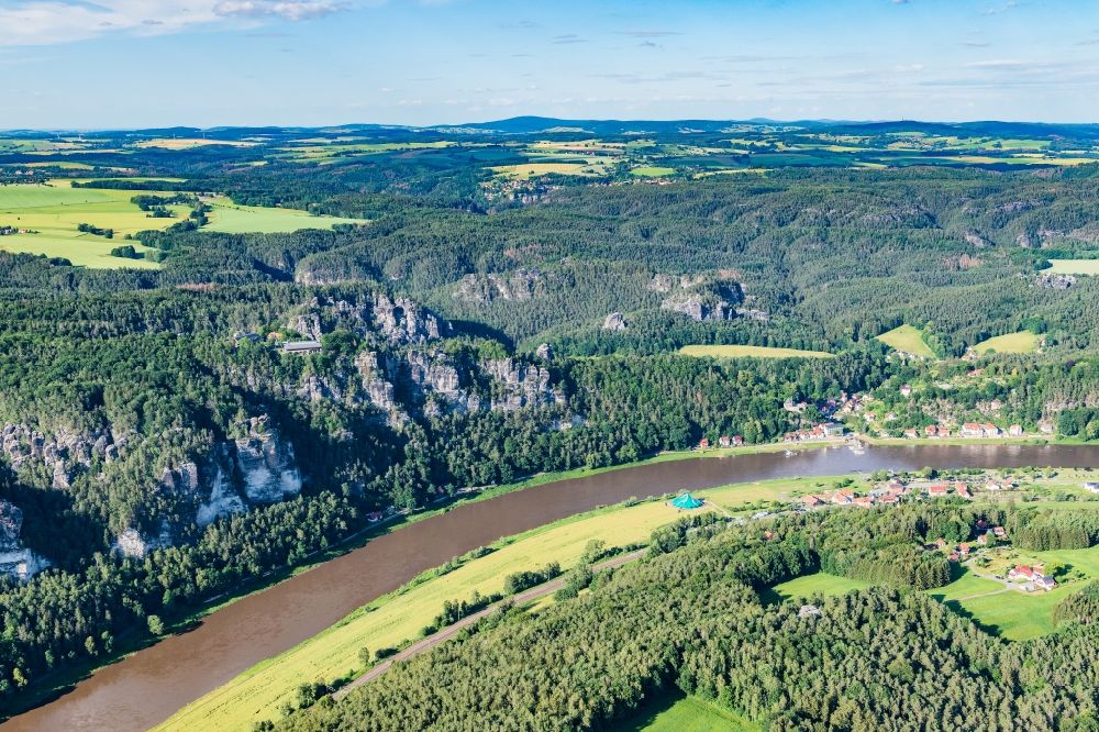 Lohmen from the bird's eye view: Bridge construction of the Bastei Bridge in Rathen in the state Saxony. The Bastei is a rock formation with a viewing platform in Saxon Switzerland on the right bank of the Elbe in the area of the municipality of Lohmen between the health resort Rathen and the city of Wehlen