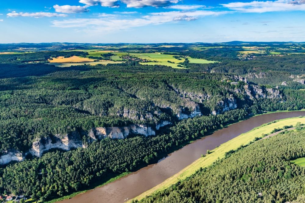 Aerial image Lohmen - Bridge construction of the Bastei Bridge in Rathen in the state Saxony. The Bastei is a rock formation with a viewing platform in Saxon Switzerland on the right bank of the Elbe in the area of the municipality of Lohmen between the health resort Rathen and the city of Wehlen