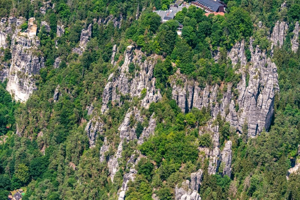 Aerial photograph Lohmen - Bridge construction of the Bastei Bridge in Rathen in the state Saxony. The Bastei is a rock formation with a viewing platform in Saxon Switzerland on the right bank of the Elbe in the area of the municipality of Lohmen between the health resort Rathen and the city of Wehlen