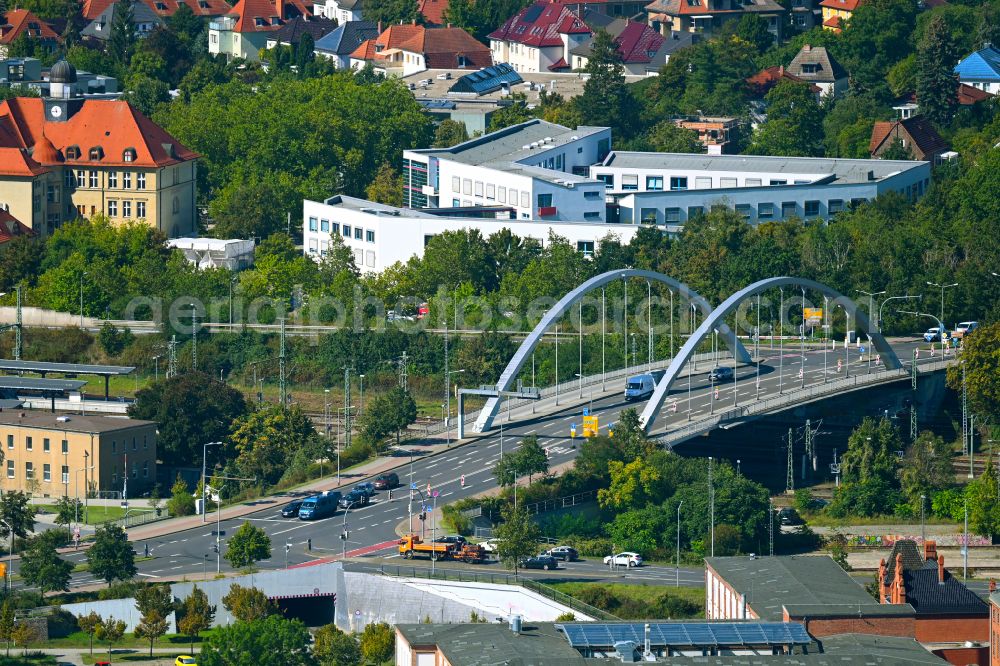 Aerial photograph Dessau - Bridge structure for crossing and bridging the track of the railway Bahnhofsbruecke on street Fritz-Hesse-Strasse - Antoinettenstrasse in Dessau in the state Saxony-Anhalt, Germany